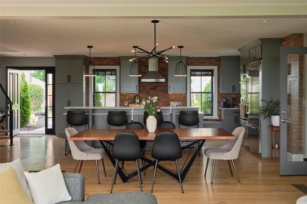 Dining room, Interior, Kitchen, Pendant Lights, Recessed Lighting, Stone Walls, Wood Texture Flooring