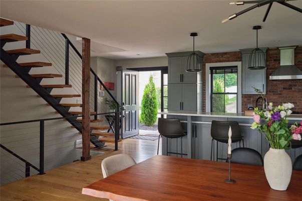 Dining room, Interior, Kitchen, Pendant Lights, Recessed Lighting, Stone Walls, Wood Texture Flooring