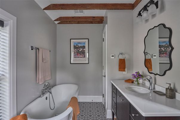 Bathroom, Dual Sink Vanities, Free Standing Baths, Interior, Wooden Beams