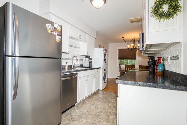 Chandelier, Interior, Kitchen, Stainless Steel Appliances, Wood Texture Flooring