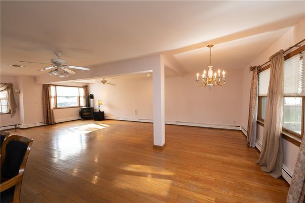 Chandelier, Empty room, Interior, Recessed Lighting, Wood Texture Flooring