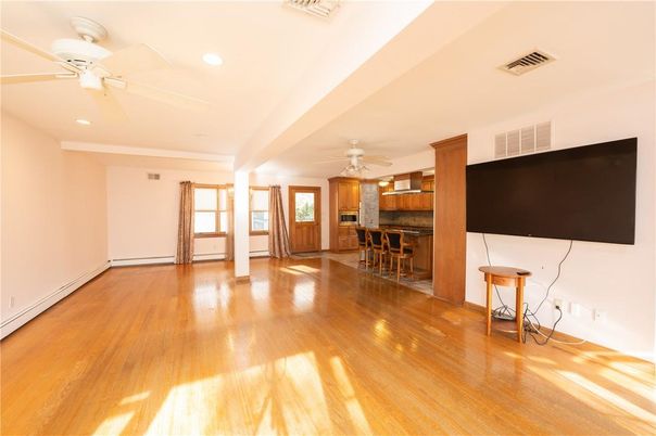 Dining room, Empty room, Interior, Kitchen, Recessed Lighting, Wood Texture Flooring