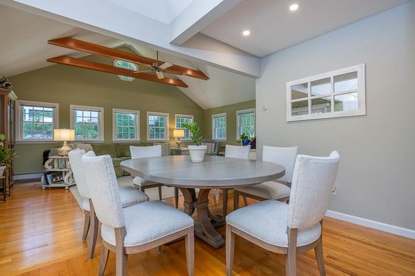 Dining room, Interior, Recessed Lighting, Wood Texture Flooring
