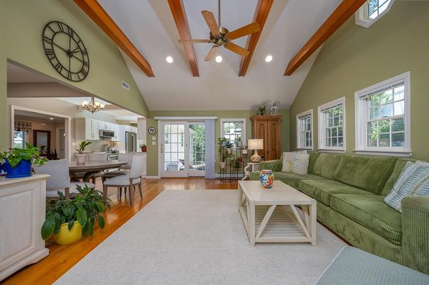 Dining room, Interior, Living room, Recessed Lighting, Wooden Beams, Wood Texture Flooring