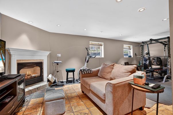 Fireplace, Fitness Equipment, Interior, Living room, Recessed Lighting