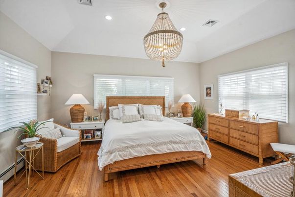 Bedroom, Chandelier, Interior, Recessed Lighting, Wood Texture Flooring