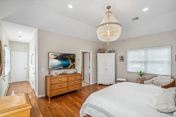 Bedroom, Chandelier, Interior, Recessed Lighting, Wood Texture Flooring