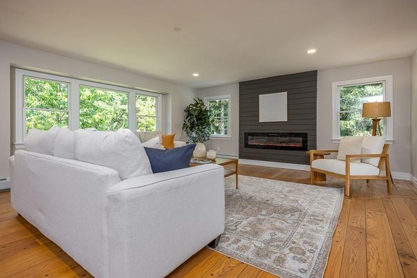 Fireplace, Interior, Living room, Recessed Lighting, Wood Texture Flooring
