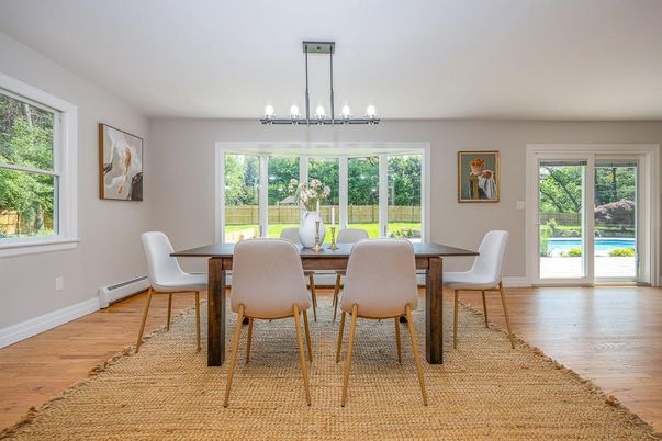 Chandelier, Dining room, Interior, Pendant Lights, Wood Texture Flooring