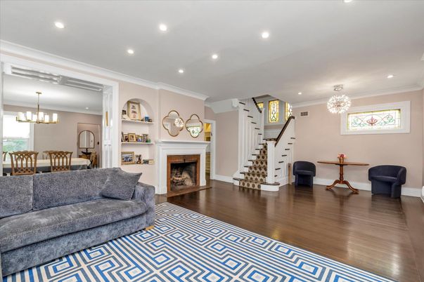 Chandelier, Dining room, Fireplace, Interior, Recessed Lighting, Wood Texture Flooring