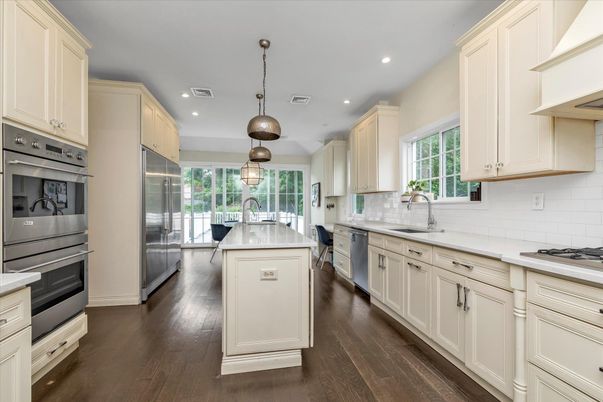 Interior, Kitchen, Pendant Lights, Recessed Lighting, Stainless Steel Appliances, Wood Texture Flooring