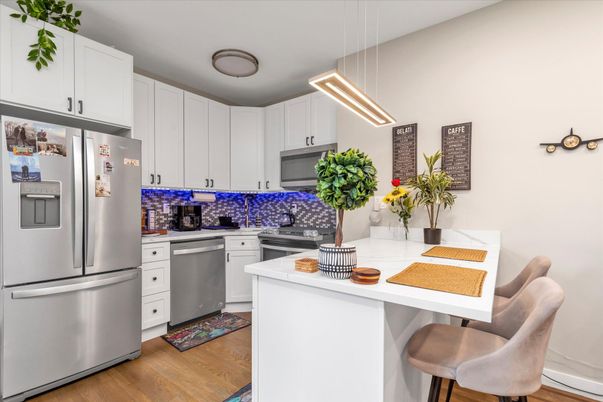 Interior, Kitchen, Pendant Lights, Stainless Steel Appliances, Wood Texture Flooring