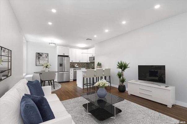 Dining room, Interior, Kitchen, Living room, Recessed Lighting, Stainless Steel Appliances, Wood Texture Flooring