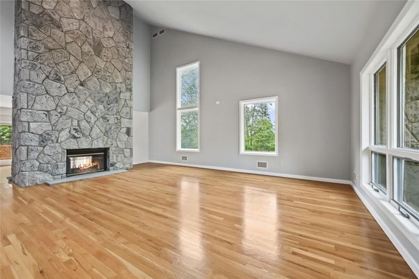 Empty room, Fireplace, Interior, Stone Walls, Wood Texture Flooring