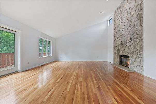 Empty room, Fireplace, Interior, Stone Walls, Wood Texture Flooring