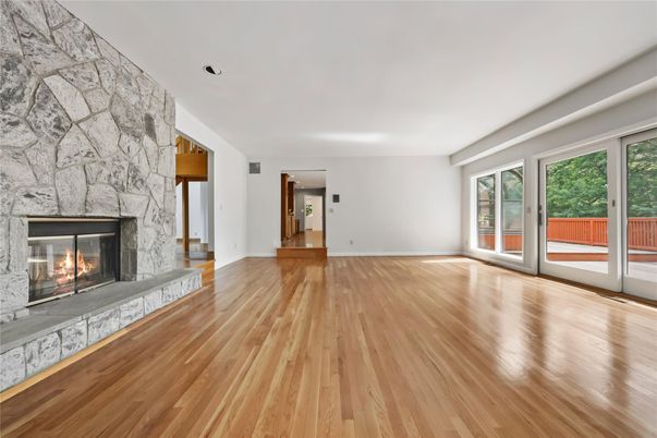 Empty room, Fireplace, Interior, Stone Walls, Wood Texture Flooring
