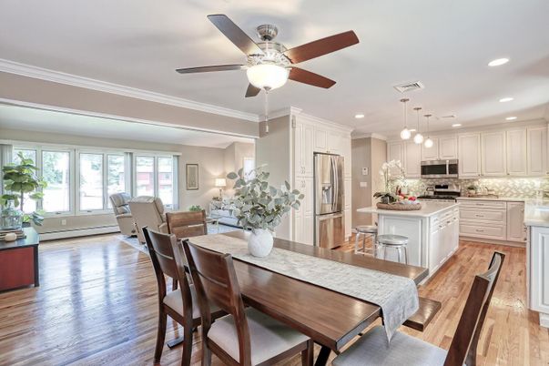 Dining room, Interior, Kitchen, Pendant Lights, Recessed Lighting, Stainless Steel Appliances, Wood Texture Flooring