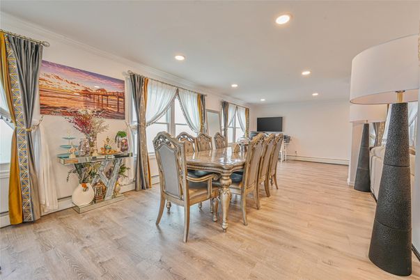 Dining room, Interior, Recessed Lighting, Wood Texture Flooring
