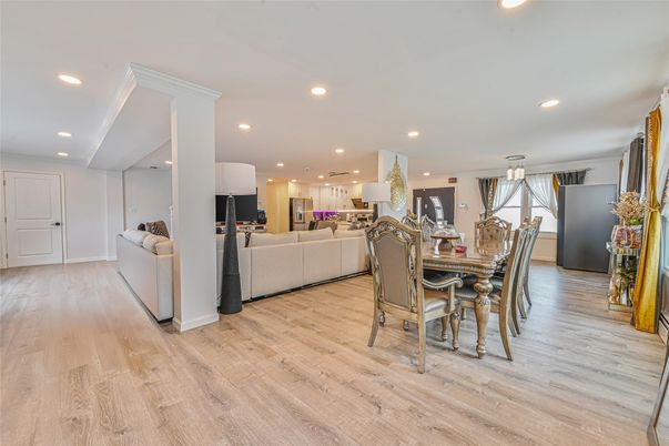 Dining room, Interior, Living room, Recessed Lighting, Wood Texture Flooring