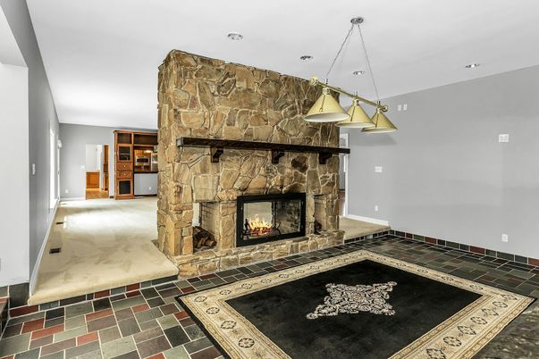 Fireplace, Interior, Pendant Lights, Recessed Lighting, Stone Walls