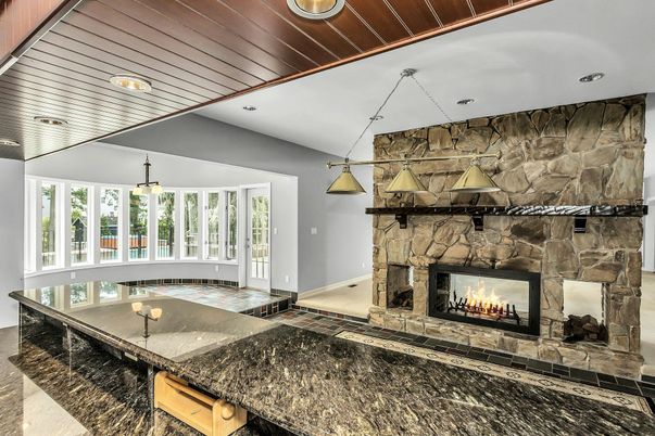 Fireplace, Interior, Pendant Lights, Recessed Lighting, Stone Walls, Wooden Ceilings
