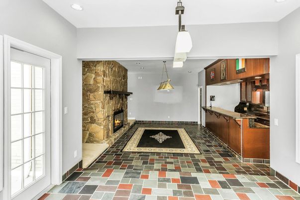 Fireplace, Interior, Pendant Lights, Recessed Lighting, Stone Walls