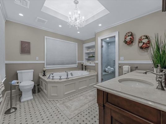 Bathroom, Chandelier, Dual Sink Vanities, Interior, Recessed Lighting