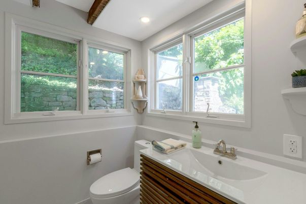 Bathroom, Interior, Recessed Lighting, Wooden Beams