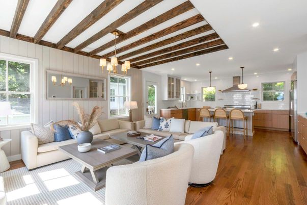 Interior, Kitchen, Living room, Pendant Lights, Recessed Lighting, Wooden Beams, Wood Texture Flooring