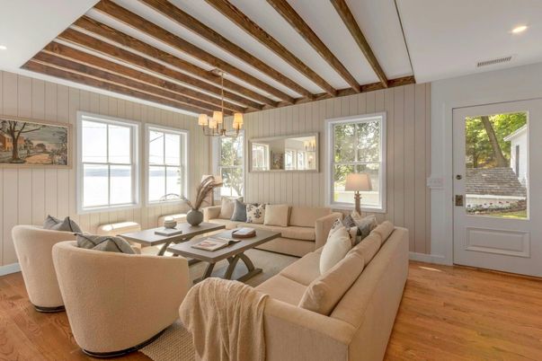 Interior, Living room, Pendant Lights, Recessed Lighting, Wooden Beams, Wood Texture Flooring