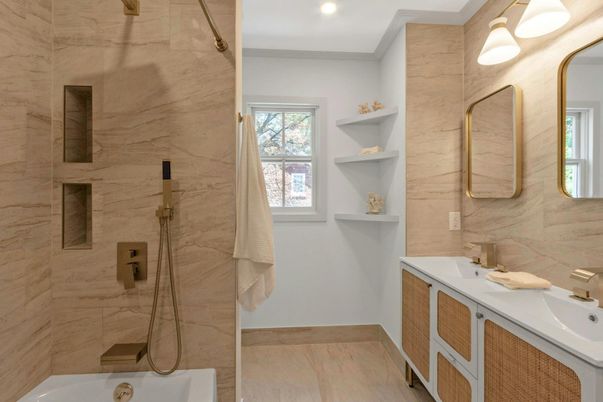 Bathroom, Dual Sink Vanities, Interior, Marble Walls, Recessed Lighting