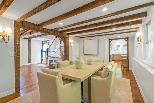 Dining room, Interior, Recessed Lighting, Wooden Beams, Wood Texture Flooring