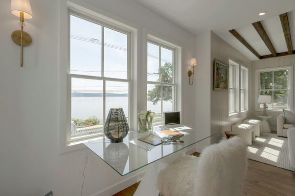 Home Office, Interior, Recessed Lighting, Water, Wooden Beams, Wood Texture Flooring