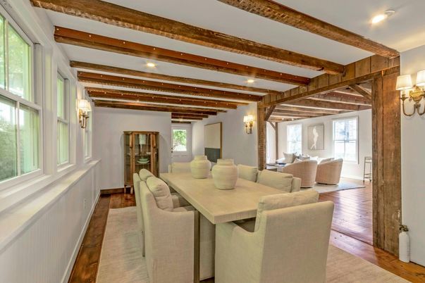 Dining room, Interior, Living room, Recessed Lighting, Wooden Beams, Wood Texture Flooring