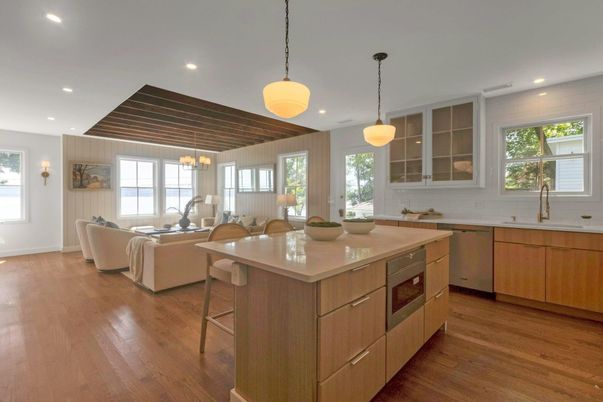 Dining room, Interior, Kitchen, Living room, Pendant Lights, Recessed Lighting, Stainless Steel Appliances, Wood Texture Flooring