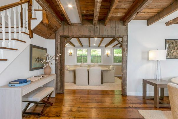 Dining room, Interior, Recessed Lighting, Wooden Beams, Wooden Ceilings, Wood Texture Flooring