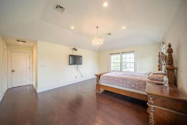 Bedroom, Chandelier, Interior, Recessed Lighting, Wood Texture Flooring