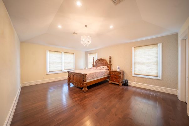 Bedroom, Chandelier, Interior, Recessed Lighting, Wood Texture Flooring