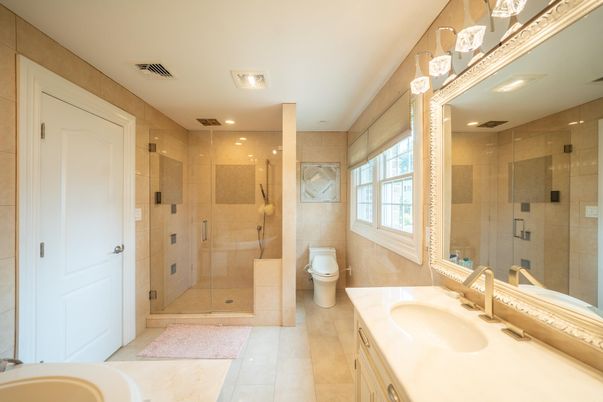 Bathroom, Dual Sink Vanities, Glass Shower, Interior, Recessed Lighting