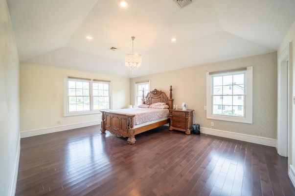 Bedroom, Chandelier, Interior, Recessed Lighting, Wood Texture Flooring