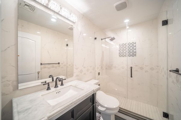 Bathroom, Glass Shower, Interior, Marble Walls, Recessed Lighting