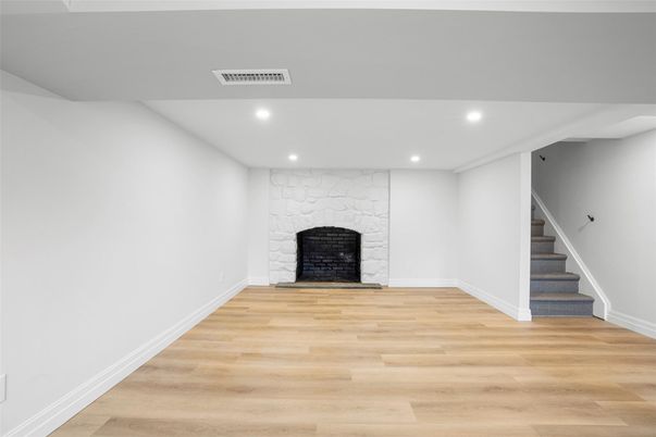 Empty room, Fireplace, Interior, Recessed Lighting, Wood Texture Flooring