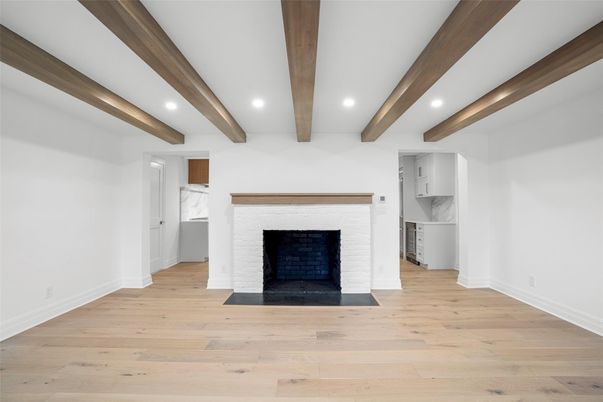 Empty room, Fireplace, Interior, Recessed Lighting, Wooden Beams, Wood Texture Flooring
