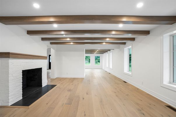 Empty room, Fireplace, Interior, Recessed Lighting, Wooden Beams, Wood Texture Flooring