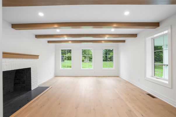 Empty room, Fireplace, Interior, Recessed Lighting, Wooden Beams, Wood Texture Flooring