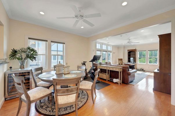 Dining room, Interior, Living room, Recessed Lighting, Wood Texture Flooring