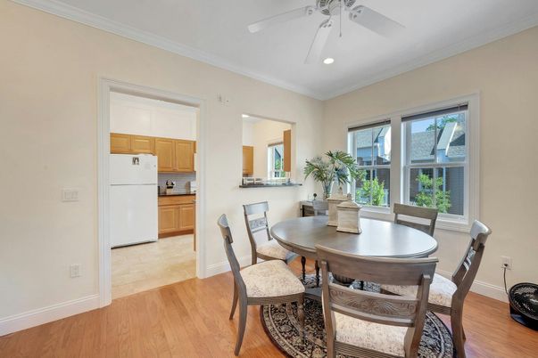 Dining room, Interior, Kitchen, Recessed Lighting, Wood Texture Flooring