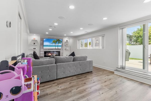 Fireplace, Interior, Living room, Recessed Lighting, Wood Texture Flooring