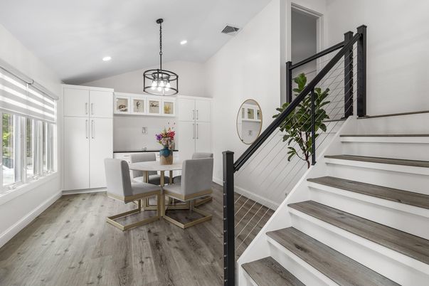 Dining room, Interior, Pendant Lights, Recessed Lighting, Wood Texture Flooring