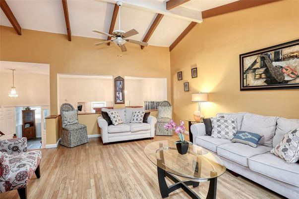 Interior, Living room, Pendant Lights, Wooden Beams, Wood Texture Flooring